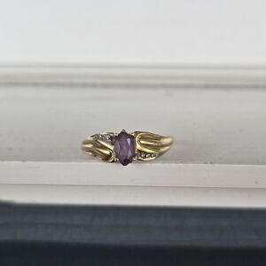 Vintage 10K Yellow Gold Amethyst Diamond Ring Marquise Cut, Size 7